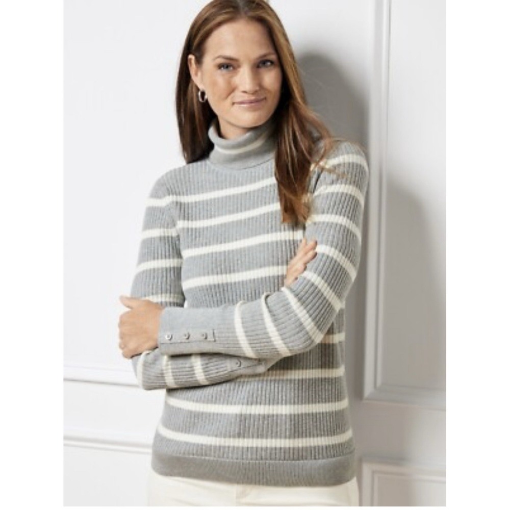 Talbots Small Gray White Striped Ribbed Turtleneck Sweater Button Detail Sleeve